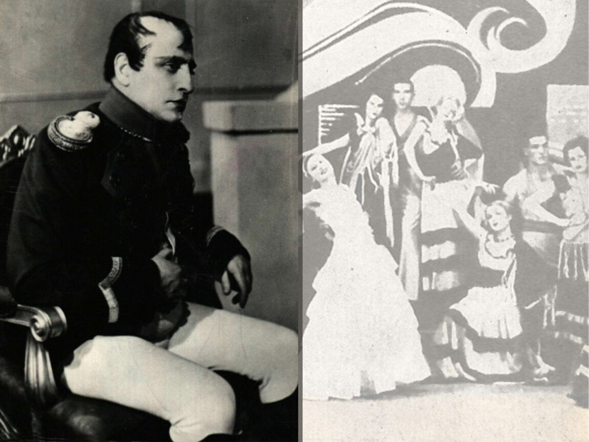 Ангел Сладкаров в ролята на „Наполеон“. Снимка: ДА „Архиви“, фонд 1772К, опис 1, а.е. 1231, л. 1;  Вдясно: Фрагмент от корицата на мемоарната му книга „Българско оперетното изкуство“ (1975)