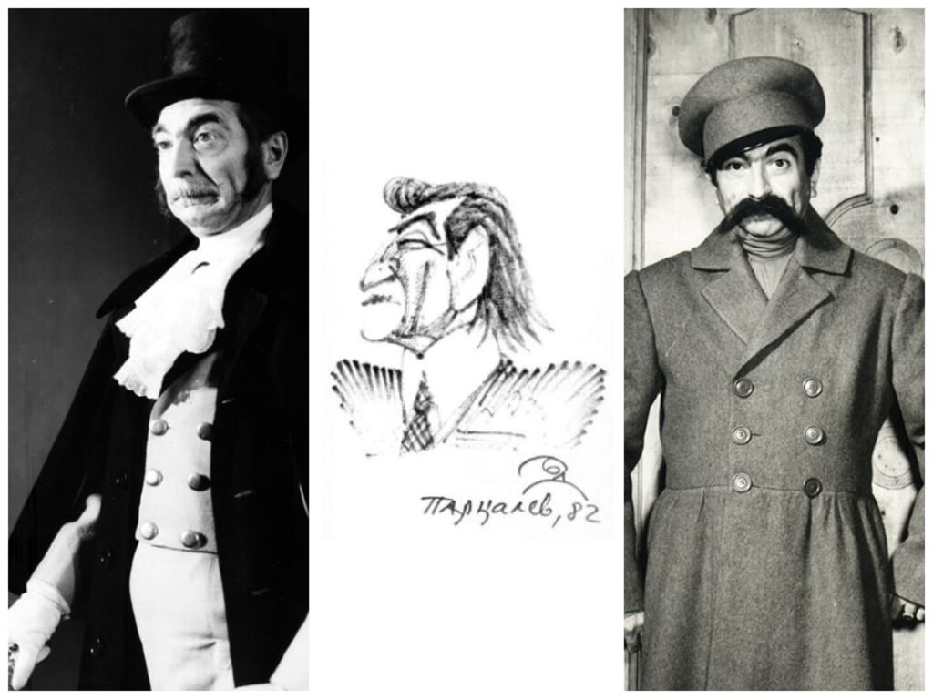 Георги Парцалев в ролите на Варавин („Смъртта на Тарелкин“) и Осип („Ревизор“). В средата – шарж на актьора от Борис Димовски