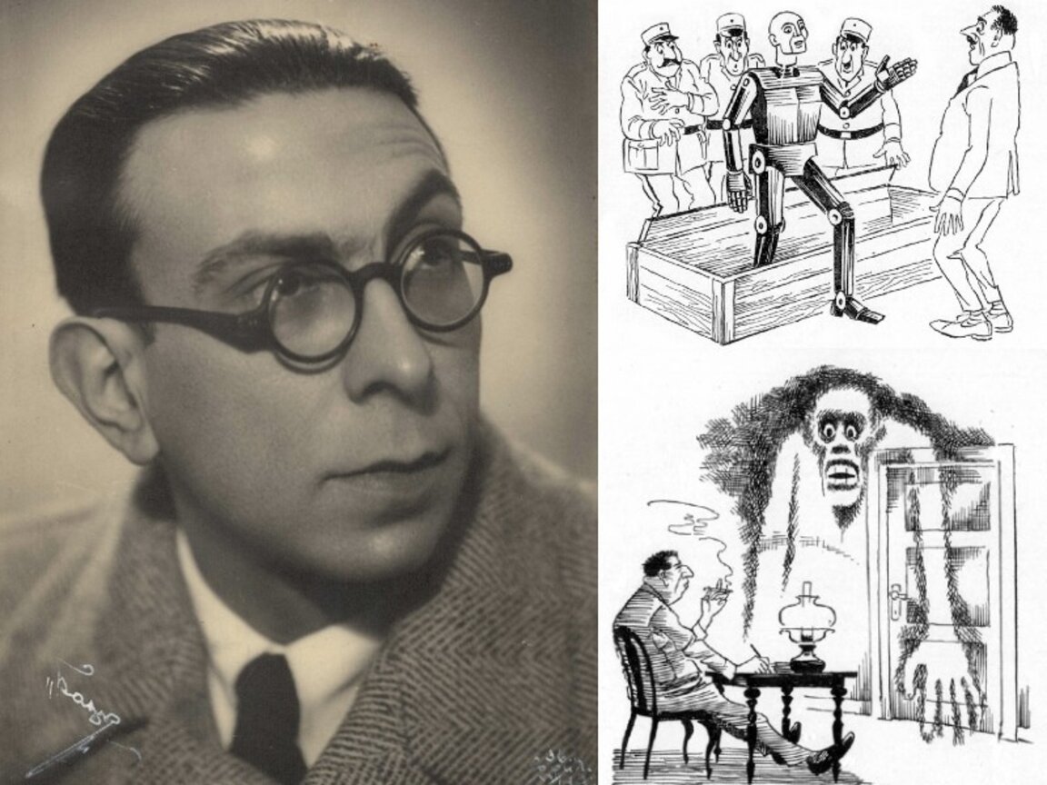 Светослав Минков през 1936 г. и илюстрации към негови разкази от Херлуф Битструп